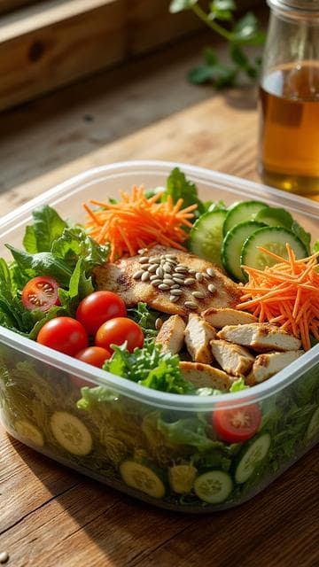 샐러드 도시락, 주방용품, 식사, 음식 저장, 신선하고 맛있고 건강한, 자연스러운 나무 테이블.