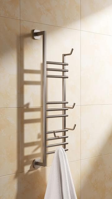 벽에 장착된 타올 걸이, 욕실 액세서리, 가정용 가구, 가구, 기능적이고 깨끗하며 현대적인, 미세한 줄눈이 있는 세라믹 타일 벽, 따뜻한 욕실 조명.