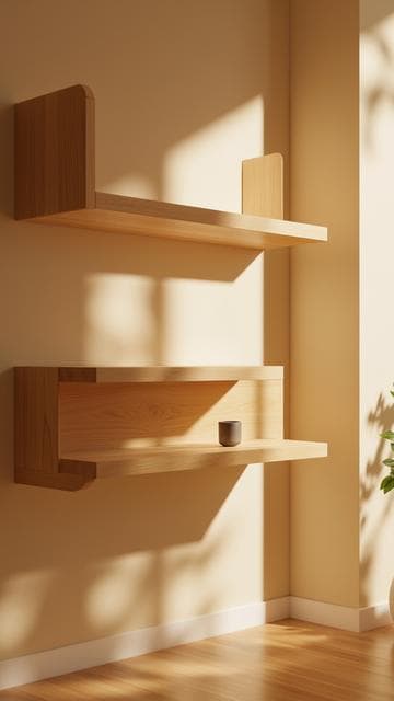 자연 오크 마감의 나무 선반, 가구, 홈 데코, 인테리어 액세서리, 부드럽고 진정한 따뜻한 느낌, 거실 풍경, 중립적인 베이지색 벽, 나무 바닥, 약간 흐릿한 배경.