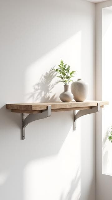 벽에 설치된 나무 선반, 가구, 홈 데코, 차분하고 자연스럽고 평화로운, 하얀 플라스터 벽, 창문으로 들어오는 자연광.