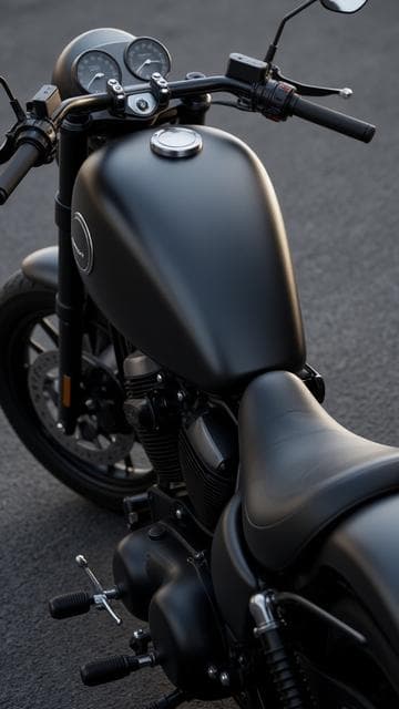 모터사이클, 차량, 교통수단, 모터화된 차량, 초현실적이고 역동적인, 매트 블랙 마감의 모터사이클이 자연광 아래 아스팔트 위에 서 있는 모습.