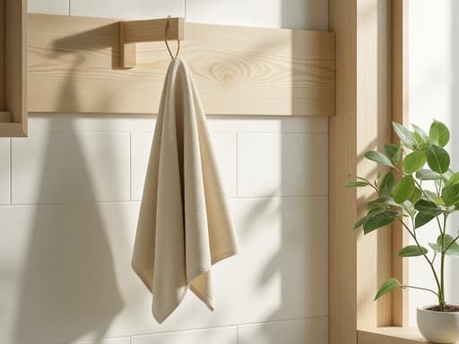 식물, 홈 데코, 정원 가꾸기, 실내 식물, 따뜻하고 초대하는 분위기, 밝은 나무 장식과 흰 타일이 있는 스칸디나비아 스타일의 욕실 구석에 있는 녹색 식물.