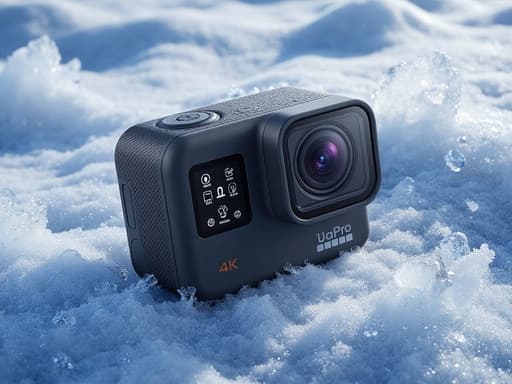 액션 카메라, 카메라, 전자제품, 가젯, 상쾌하고 차가운 자연, 복잡한 얼음 패턴과 투명한 얼음 결정이 있는 얼음 배경.