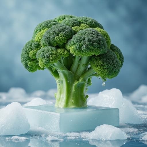 브로콜리, 채소, 농산물, 음식, 상쾌하고 차가운 자연, 얼음 슬랩, 겨울 얼음 장식, 서리 같은 디테일, 맑은 얼음 반사.