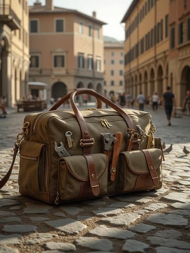 도구 가방, 가방, 도구, 액세서리, 생동감 넘치고 따뜻하며 진정한 이탈리아 광장, 석조 포장, 역사적인 건축물, 먼 거리의 사람들, 비둘기.