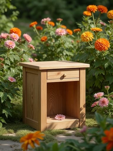 나무 침대 옆 테이블, 가구, 홈 데코, 침실 가구, 평화롭고 신선하며 고요한, 화사한 꽃밭에 둘러싸여 있으며, 부드러운 햇살과 부드러운 그림자, 아침 이슬이 맺혀 있습니다.