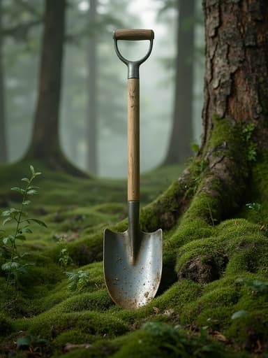 정원 삽, 도구, 원예, 야외 장비, 고요하고 자연스러운 고요함, 숲 속 공터, 부드러운 아침 안개, 푸른 이끼가 낀 땅, 나무 줄기.