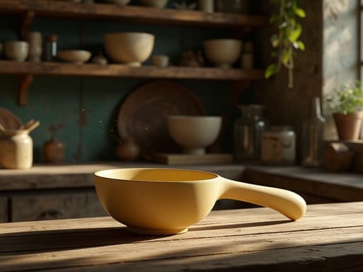 매트 마감의 실리콘 국자, 주방 용품, 요리 도구, 가정 용품, 따뜻하고 향수 어린 분위기, 고풍스러운 가게, 오래된 나무 선반.