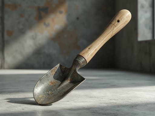 정원 삽, 도구, 원예, 야외 장비, 예술적 대비, 사실적인 질감, 자연스러운 그림자, 추상 현대 미술 배경, 부드러운 콘크리트 바닥.