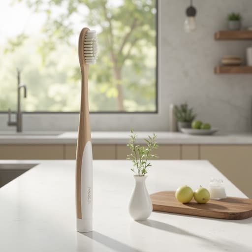 칫솔, 개인 관리, 구강 위생, 건강 제품, 따뜻한 자연광, 대리석 주방 조리대, 큰 창문을 통해 비치는 햇빛, 스테인리스 마감의 주방 싱크대, 흐릿한 주방 요소.