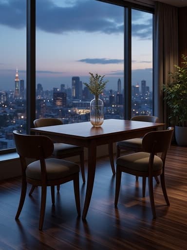 4인용 식탁, 가구, 홈 인테리어, 식사 공간 가구, 따뜻하고 아늑한 분위기, 큰 창을 통해 비치는 저녁 도시의 불빛, 도시 스카이라인의 실루엣.