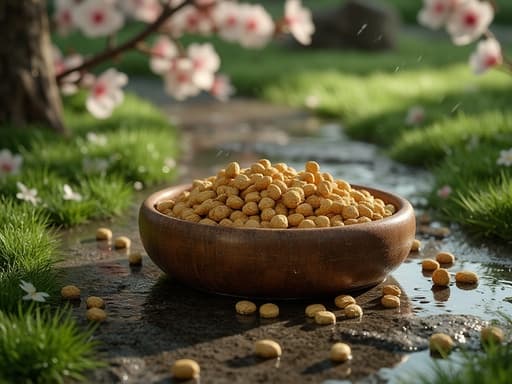 땅콩, 음식, 스낵, 식료품, 흐린 날씨, 자연, 고요함, 부드러운 경사를 가진 젖은 돌길, 부드럽게 내리는 비, 흐릿한 벚꽃, 움직이는 섬세한 꽃잎, 생생한 녹색 잔디 가장자리.