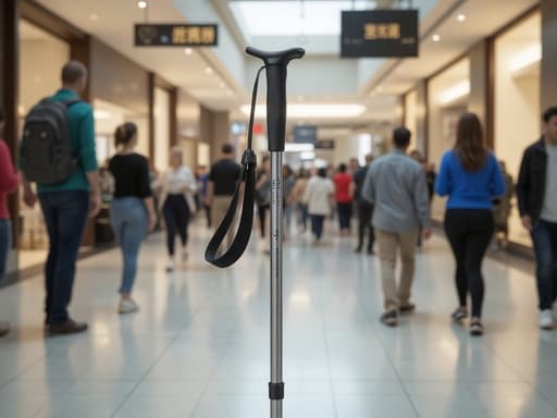 우산 폴, 야외 장비, 액세서리, 날씨 보호, 생동감 있지만 현실적인, 제품에 초점을 맞춘 초선명, 혼잡한 쇼핑몰 배경, 흐릿한 바쁜 쇼핑객들, 다양한 의상 색상, 광택이 나는 타일 바닥.