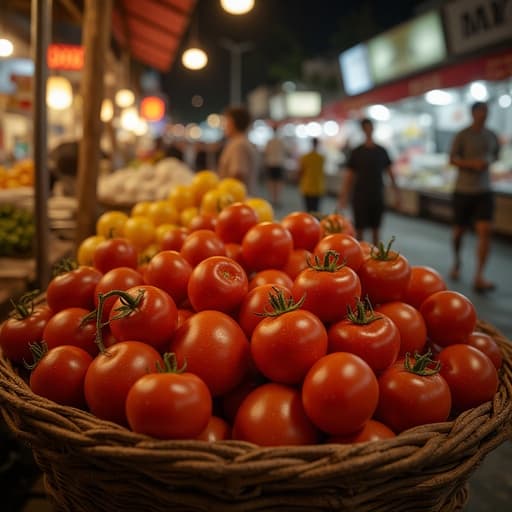 체리 토마토, 토마토, 채소, 농산물, 활기차고 생동감 넘치는, 번화한, 밤 시장, 거리 노점 상점, 보케 효과, 따뜻한 환경 조명, 흐릿한 군중.