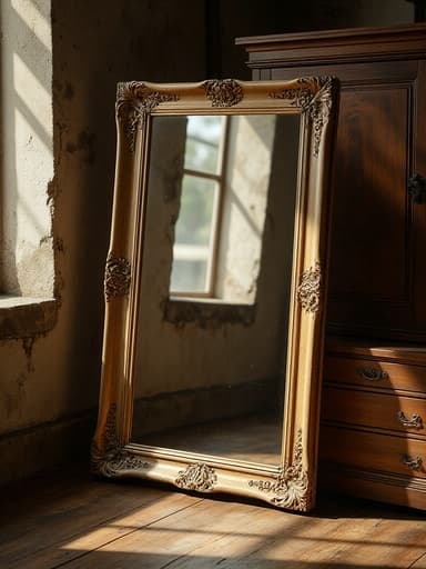 전신 거울, 가구, 홈 데코, 거울, 따뜻하고 향수를 불러일으키며 진정한 분위기, 빈티지 가구들이 있는 빈티지 앤티크 상점의 정교한 나무 바닥에서 따뜻한 자연광에 비춰진.