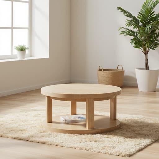 낮은 테이블, 가구, 홈 데코, 거실 가구, 아늑한 분위기, 부드러운 자연광, 부드러운 그림자, 밝은 나무 바닥과 흰 벽, 푹신한 베이지색 러그, 엮인 바구니, 무성한 화분 식물이 있는 스칸디나비아 스타일의 거실.