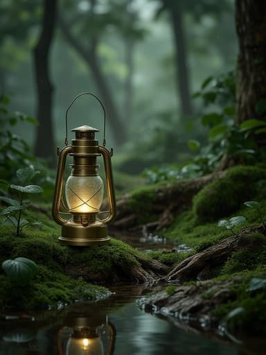 작은 금속 캠핑 랜턴, 캠핑 장비, 야외 장비, 조명 제품, 흐린 날씨, 평화롭고 자연스러운 몰입감, 이끼가 있는 땅, 젖은 잎, 나무 뿌리, 부드러운 물웅덩이, 밀집한 숲, 흐릿한 배경.