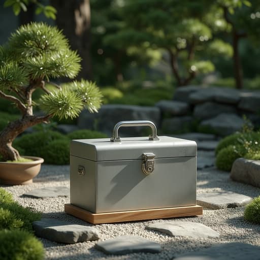 금속 공구 상자, 공구, 하드웨어, 온화한 분위기, 전통 일본 정원 돌길, 고운 자갈, 분재 나무의 그림자, 나뭇잎 사이로 스며드는 햇빛.