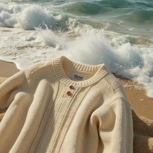 라운드 니트 스웨터, 의류, 패션, 따뜻한 모래, 강력한 파도가 부서지는 해변, 오후 중반의 햇빛이 반짝이는, 부드러운 바람, 현실적인 파도 움직임, 빛의 반사.
