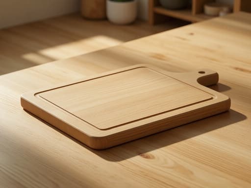 나무 도마, 주방 용품, 주방 도구, 가정용품, 따뜻하고 아늑한 분위기, 스칸디나비아 스타일의 거실, 나무 테이블, 부드러운 그림자, 밝은 참나무, 베이지 톤.