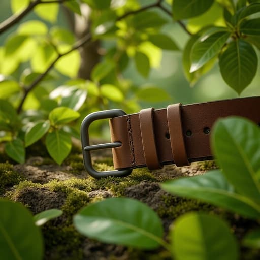 가죽 벨트, 액세서리, 패션, 의류, 생동감 있고 신선하며 자연스러운, 풍부한 봄의 녹음과 생기 있는 새 잎, 부드러운 초점의 깊이.