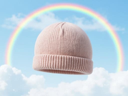 비니, 의류, 액세서리, 의복, 평온하고 기쁜, 밝은 무지개 아치가 있는 하늘, 가벼운 구름.