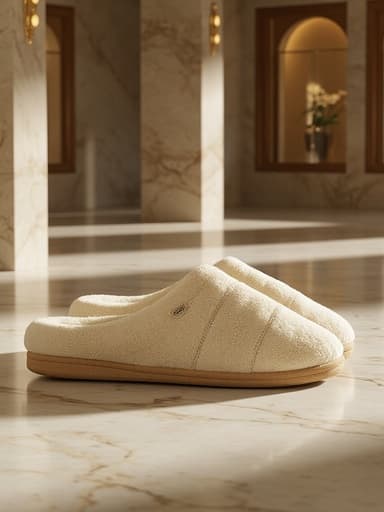 욕실 슬리퍼, 신발, 의류, 의복, 고급스럽고 우아한, 정교한 벽 질감이 있는 고급 호텔 로비와 광택 있는 대리석 바닥.