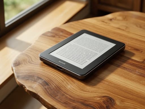 킨들, 전자 기기, 독서 기기, 가젯, 따뜻하고 초대하는, 분위기 있는, 현실적인, 부드러운 곡선의 나무 테이블 위에, 큰 창문이 부드러운 그림자를 드리우고 있습니다.