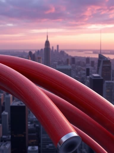 스트레칭 튜브, 호스, 도구, 정원 장비, 고대비의 도시적 고요함, 고요한 분위기, 도시 스카이라인이 있는 저녁 하늘, 부드러운 보라색과 주황색 하늘 색조.