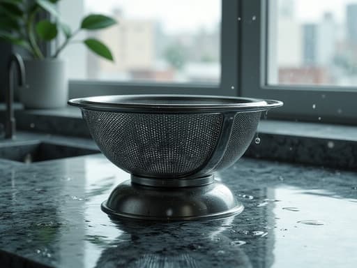 접이식 체반, 주방 도구, 주방 용품, 홈 필수품, 차분하고 고요하며 성찰적인 분위기, 창문을 통해 보이는 가벼운 비, 빗방울, 흐릿한 도시 풍경, 부드러운 초점의 가장자리, 밝은 내부, 주변 그림자.