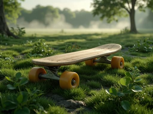 스케이트보드, 스포츠 장비, 야외 활동, 레크리에이션, 고요하고 신선하며 평화로운, 아침 정원, 울창한 잔디, 아침 안개, 잎사귀에 맺힌 이슬, 흐린 하늘.