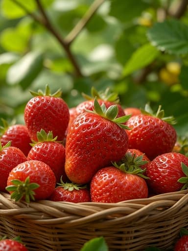 딸기, 과일, 음식, 식료품, 신선하고 생기 넘치는, 생생한 녹색 봄 잎사귀가 활기차고 상쾌한 분위기를 만들어냅니다.