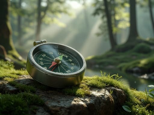 금속 등산 나침반, 야외 장비, 내비게이션 도구, 평화롭고 분위기 있는, 이끼 낀 바위 가장자리, 부드러운 안개, 숲 바닥, 이른 아침, 확산된 햇빛, 희미한 층.