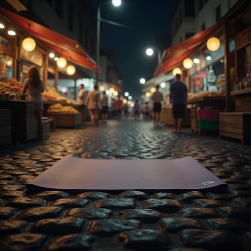 요가 매트, 피트니스 장비, 운동 기어, 스포츠 액세서리, 생동감 넘치고 붐비며, 분위기 있는 아늑함, 야시장 거리, 자갈길, 시장의 노점, 혼잡한 분위기.