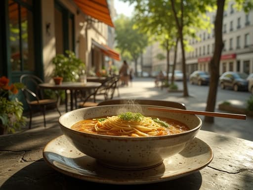 컵라면, 음식, 즉석 음식, 포장된 식사, 따뜻하고 초대하는 여유로운 분위기, 파리 카페 테라스의 철제 테이블과 의자, 돌 포장도로, 햇빛이 살짝 흐릿하게 비치고 있습니다.