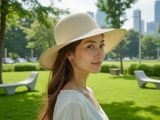 정원 모자, 의류, 액세서리, 야외 장비, 여유롭고 느긋한, 현대적인 도시 공원, 생생한 초록 잔디와 현대적인 벤치, 멀리 보이는 도시 스카이라인.