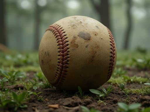 야구공, 스포츠 장비, 스포츠 용품, 야외 활동, 온화하고 평화로운 이른 아침의 현실감, 안개가 낀 분위기, 아침, 부드럽게 확산된 자연광, 약간 보이는 잔디 잔디.