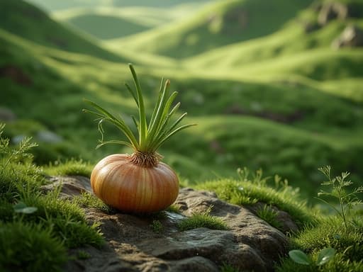 신선한 양파, 채소, 농산물, 식료품, 자연스럽고 고요하며 신선한, 안개 낀 푸른 계곡의 자연 아침 빛.