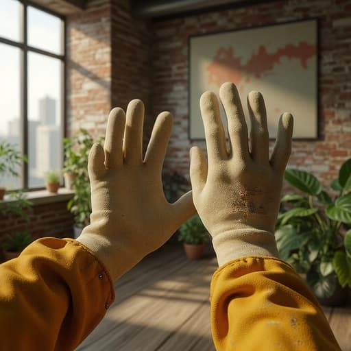 정원 장갑, 장갑, 원예 도구, 야외 장비, 따뜻하고 아늑한 분위기, 로프트 스타일 아파트 인테리어, 노출된 벽돌 벽, 큰 창문, 도시 전망, 자연 채광, 흩어진 화분 식물.