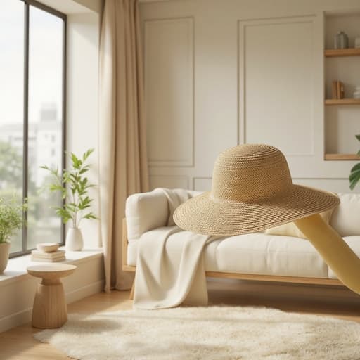 하얀 푹신한 러그, 홈 데코, 러그, 가구, 따뜻하고 초대하는 분위기, 스칸디나비아 스타일의 거실, 미니멀한 가구, 파스텔 톤, 나무 요소, 큰 창문.