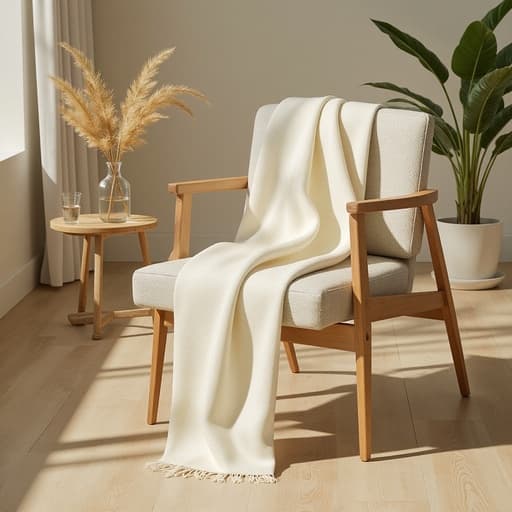 부드러운 양모 스카프, 의류, 액세서리, 의복, 아늑하고 따뜻하며 미니멀한, 스칸디나비아 스타일의 거실, 중립적인 색조, 깔끔한 선, 미니멀한 장식, 실내 식물.