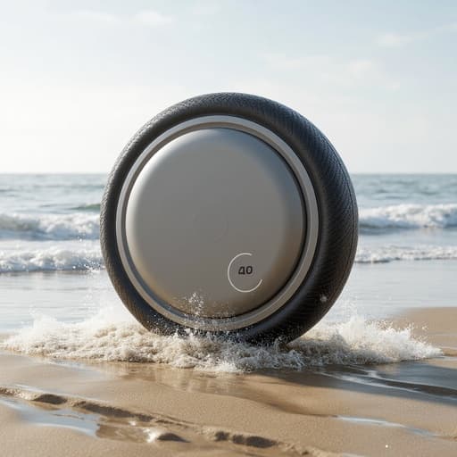 모빌리티 전기 휠, 타이어, 자동차, 교통, 역동적이고 자연적인, 역동적인 파도 작용, 젖은 반사 모래, 약간 흐린 하늘, 오후 자연 조명.