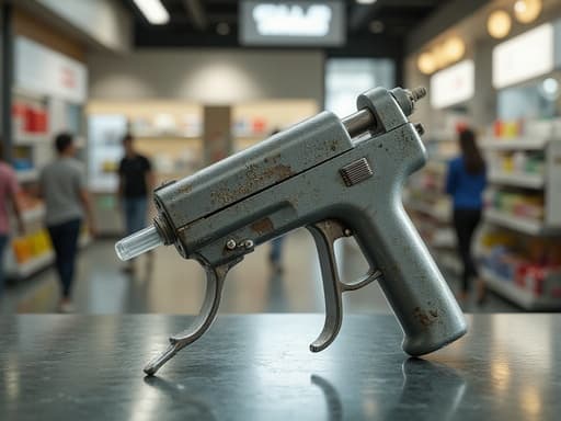 실리콘 건, 도구, 하드웨어, 홈 인테리어, 활기차고 역동적이며 분주한, 흐릿한 쇼핑몰 환경, 움직이는 사람들, 다채로운 물건이 가득한 선반.