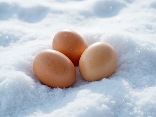 달걀, 음식, 식료품, 부패성 제품, 고요하고 평화로운, 눈 위에 놓여 있고, 부드러운 그림자, 미세한 발자국, 부드러운 눈송이, 하얀 눈 배경.