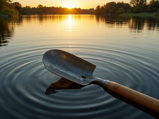 나무 패들, 스포츠 장비, 야외 활동, 레크리에이션 기어, 고요하고 따뜻하며 평화로운, 해질녘의 빛나는 호수와 황금빛 햇살, 멀리 보이는 나무 실루엣, 잔잔한 물의 반사.