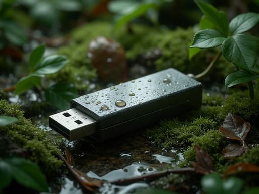 USB 플래시 드라이브, 전자 기기, 컴퓨터 액세서리, 데이터 저장 장치, 자연적이고 평화롭고 신선하며 몰입감 있는 비 오는 숲 바닥, 축축한 잎과 이끼.