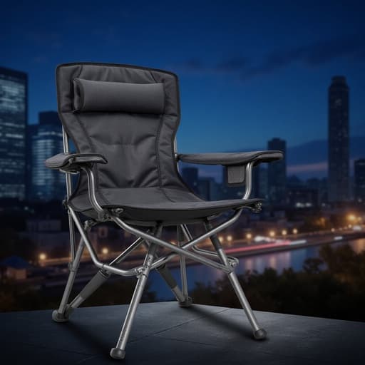 캠핑 의자, 가구, 야외 장비, 캠핑 기어, 도시의 야경 분위기, 고요하고 현대적인, 밤의 도시 조명, 흐릿한 고층 빌딩, 미세한 가로등, 먼 교통의 빛.