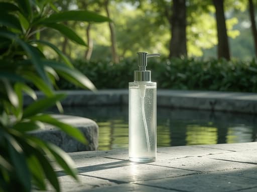 물병, 음료, 음료수, 소비재, 신선하고 고요하며 고급스러운 현대 도시 공원, 돌 타일 표면, 울창한 녹음에 둘러싸인, 근처의 물의 특징.