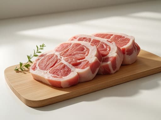 생돼지고기 슬라이스, 음식, 고기, 식료품, 중립적이고 깨끗하며 신선한, 미니멀한 주방 환경, 깨끗한 흰색 표면.