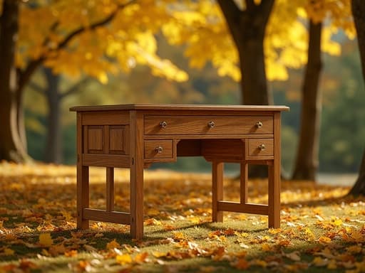 나무 공부 책상, 가구, 가정용 가구, 고요하고 따뜻하며 부드러운, 가을 낙엽이 떨어진 공원, 황금빛 잎사귀 사이로 비치는 부드러운 햇빛.